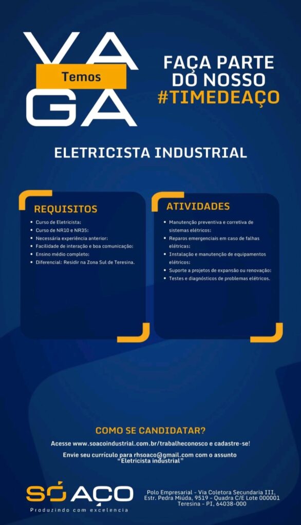 Vaga para Eletricista Industrial