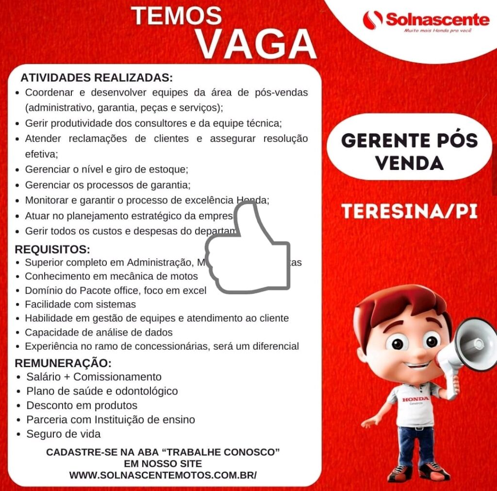 Vaga para Gerente Pós Venda