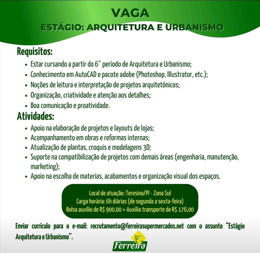 Vaga de Estágio para Arquitetura e Urbanismo