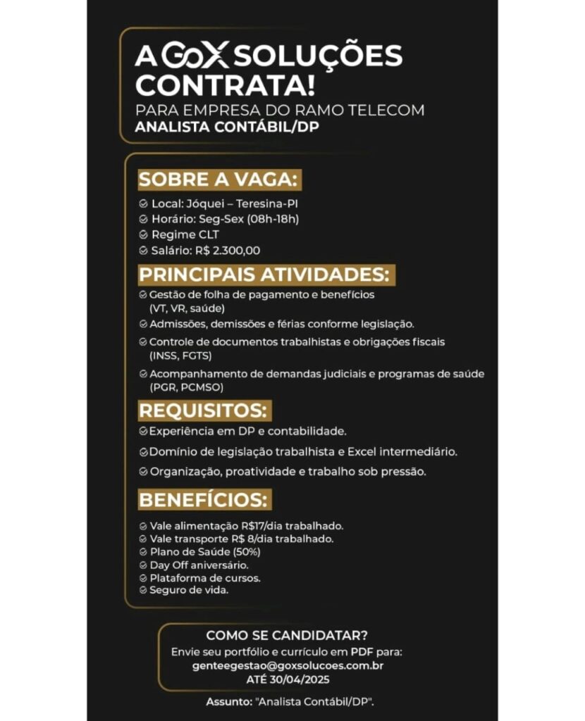 Vaga para Analista Contábil/DP