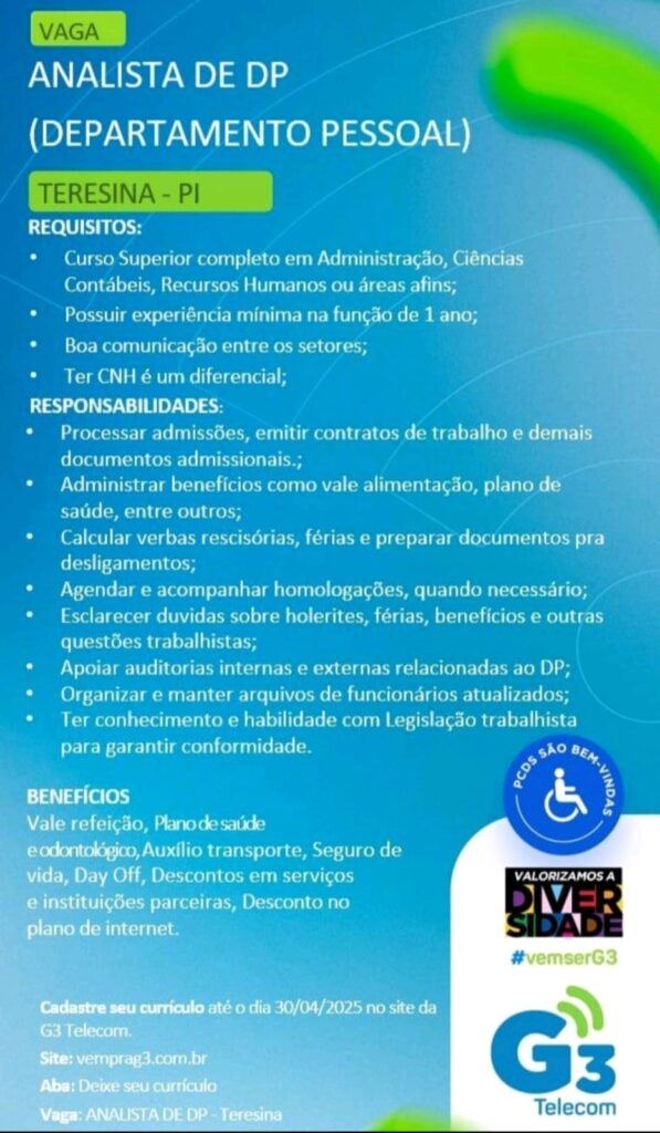 Vaga para Analista de DP