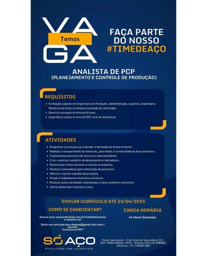 Vaga para Analista de PCP