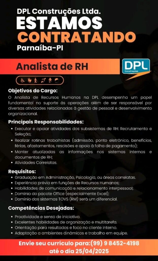 Vaga para Analista de RH em Parnaíba
