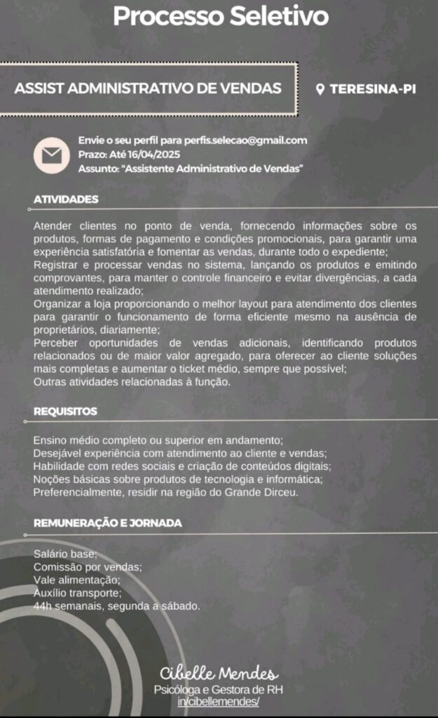 Vaga para Assist. Adm de Vendas