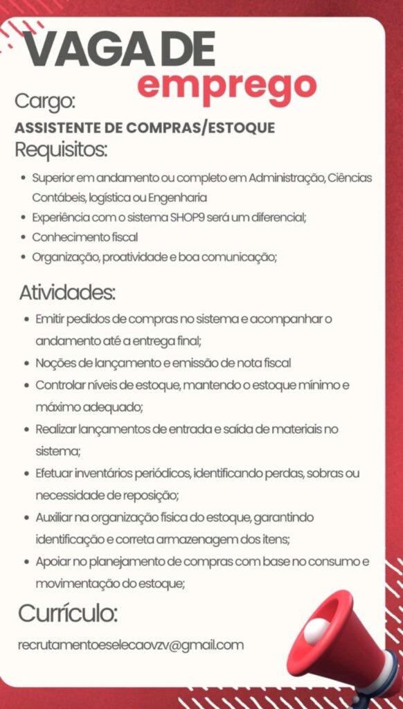 Vaga para Assistente de Compras/ Estoque