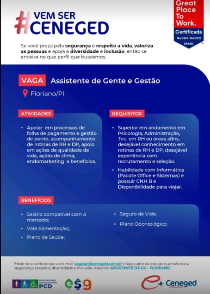 Vaga para Assistente de Gente e Gestão em Floriano