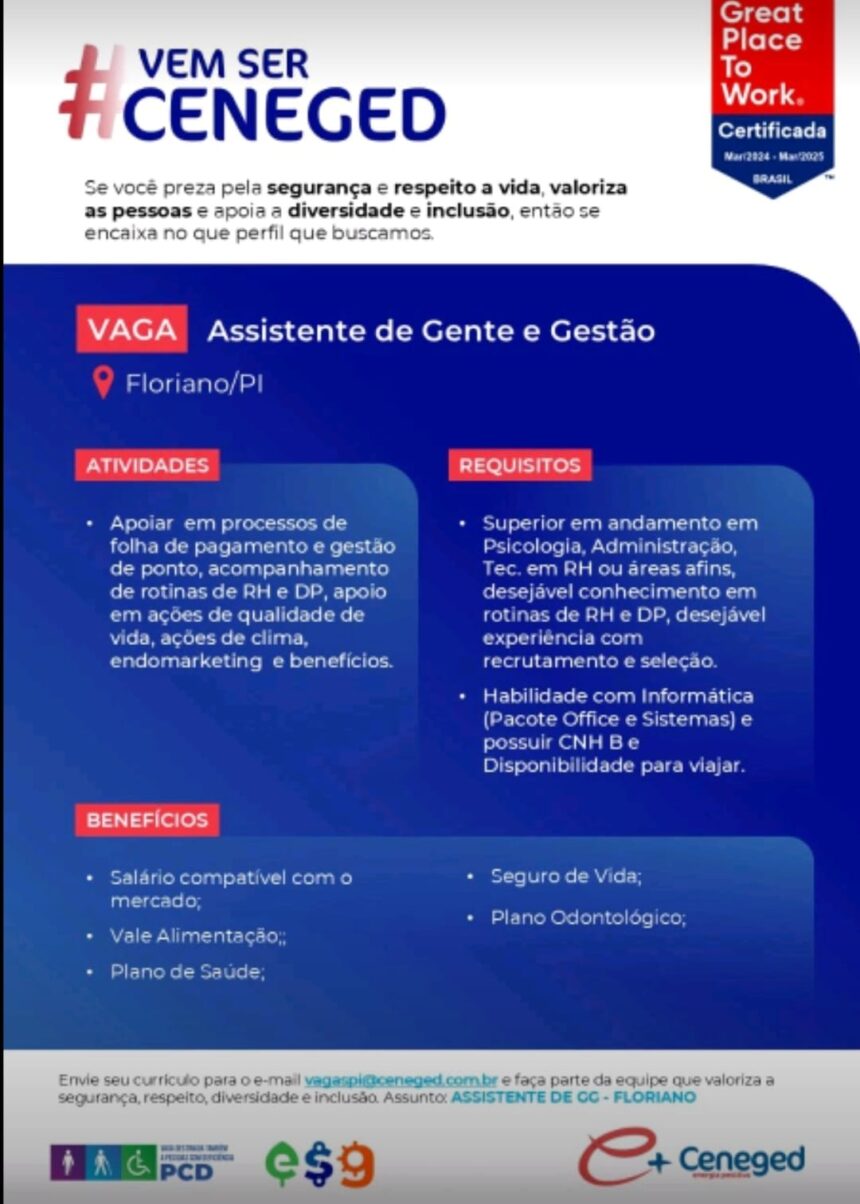 Vaga para Assistente de Gente e Gestão em Floriano