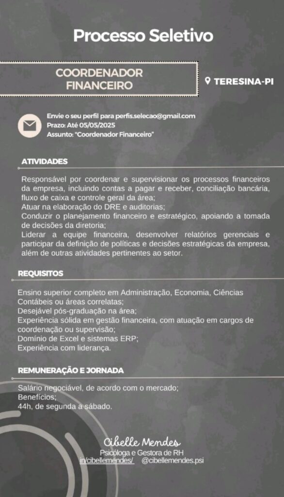 Vaga para Coordenador Financeiro