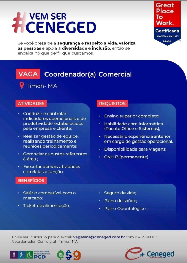 Vaga para Coordenador(a) Comercial em Timon
