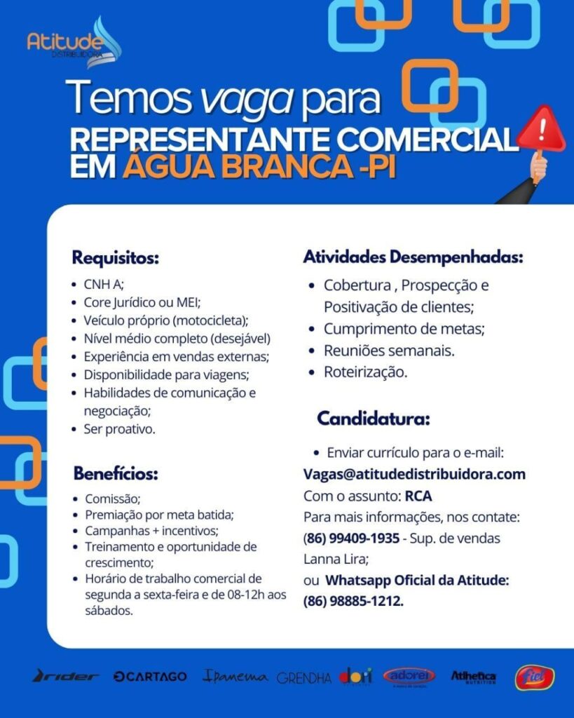 Vaga para Representante Comercial em Água Branca
