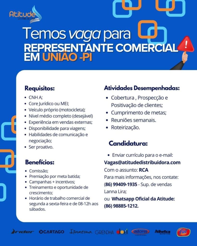 Vaga para Representante Comercial em União