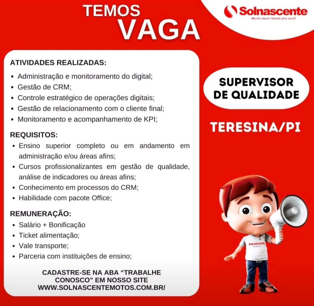 Vaga para Supervisor de Qualidade