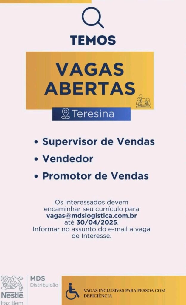 Vaga para Vendedor, Promotor de Vendas e Supervisor de Vendas