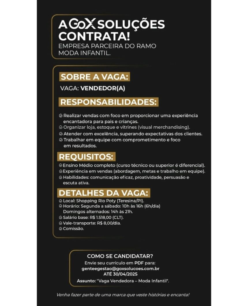 Vaga para Vendedor(a)