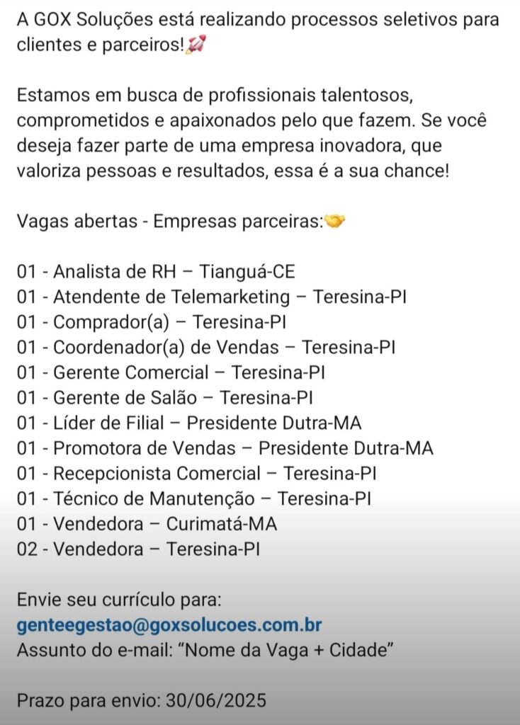 Diversas vagas na Gox Soluções