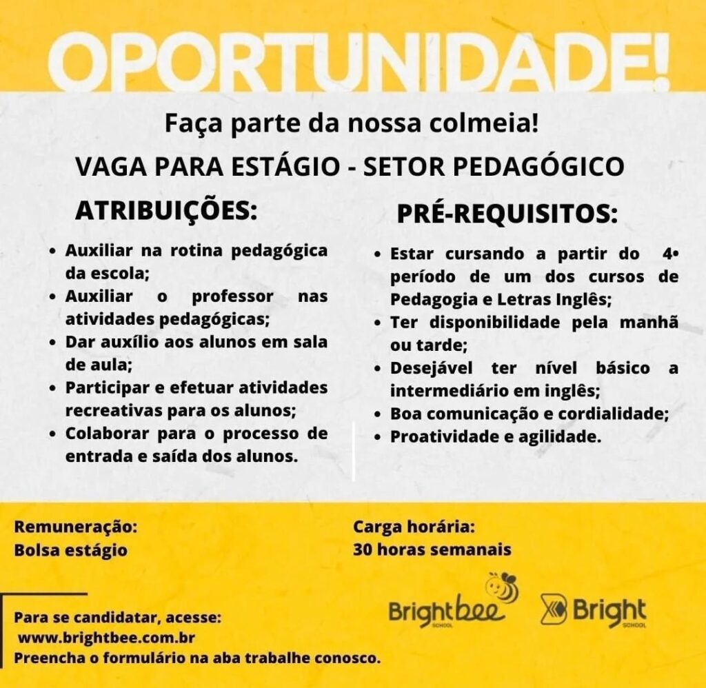 Vaga de Estágio para Setor Pedagógico