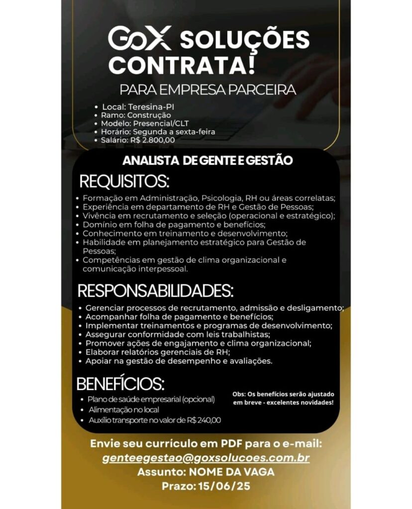 Vaga para Analista de Gente e Gestão
