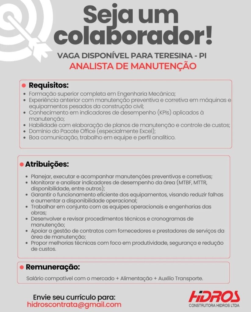 Vaga para Analista de Manutenção