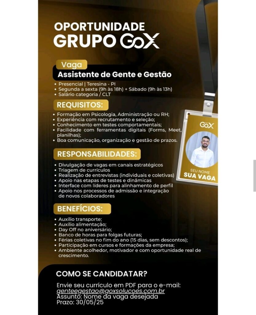Vaga para Assistente de Gente e Gestão