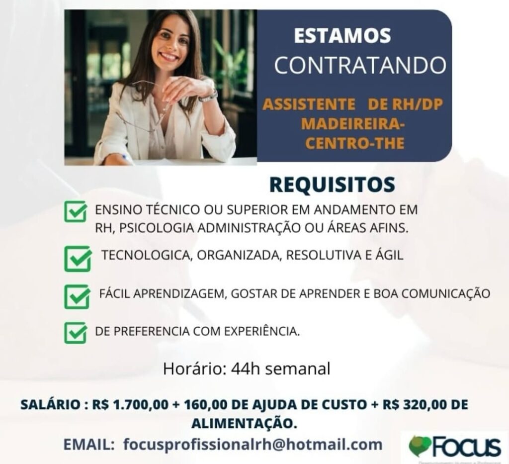 Vaga para Assistente de RH/DP