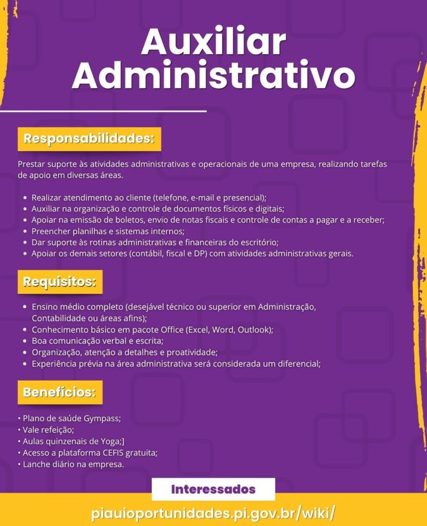 Vaga para Auxiliar Administrativo