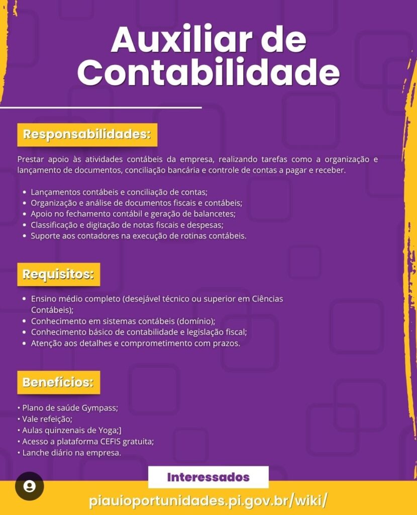 Vaga para Auxiliar de Contabilidade