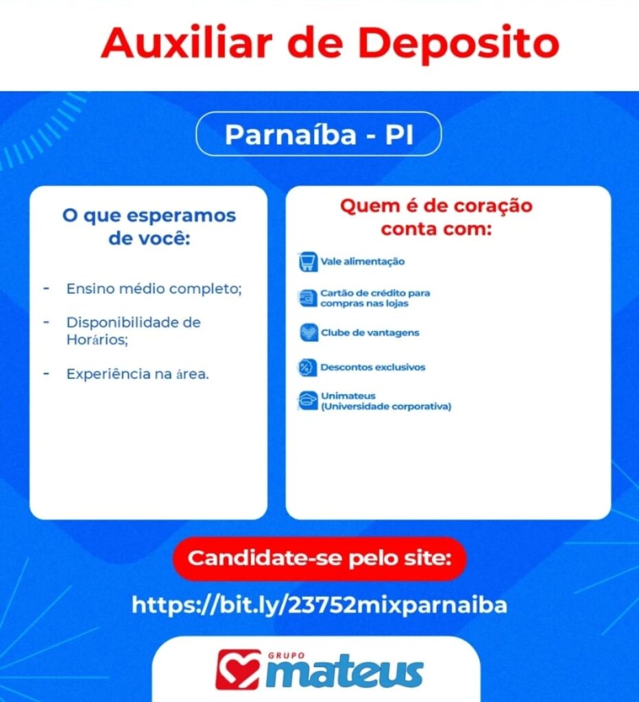 Vaga para Auxiliar de Depósito em Parnaíba