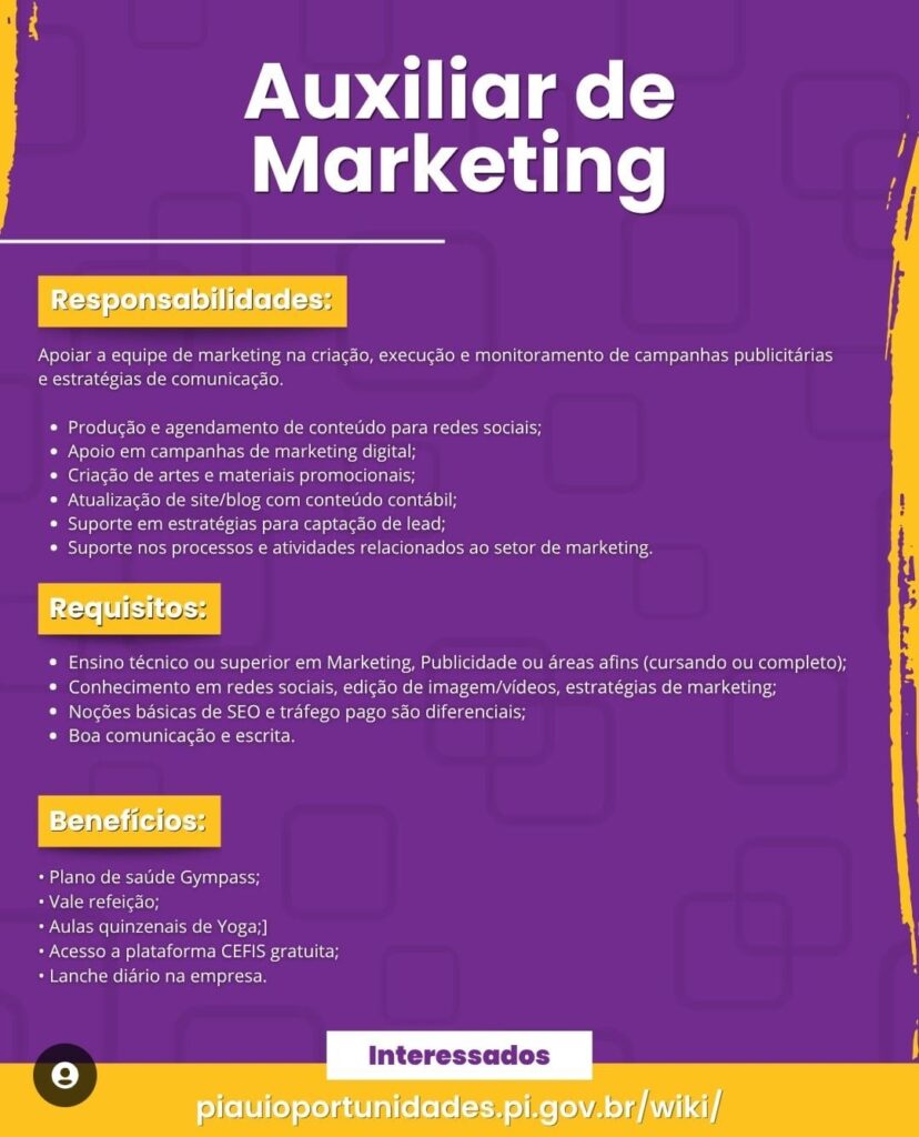 Vaga para Auxiliar de Marketing
