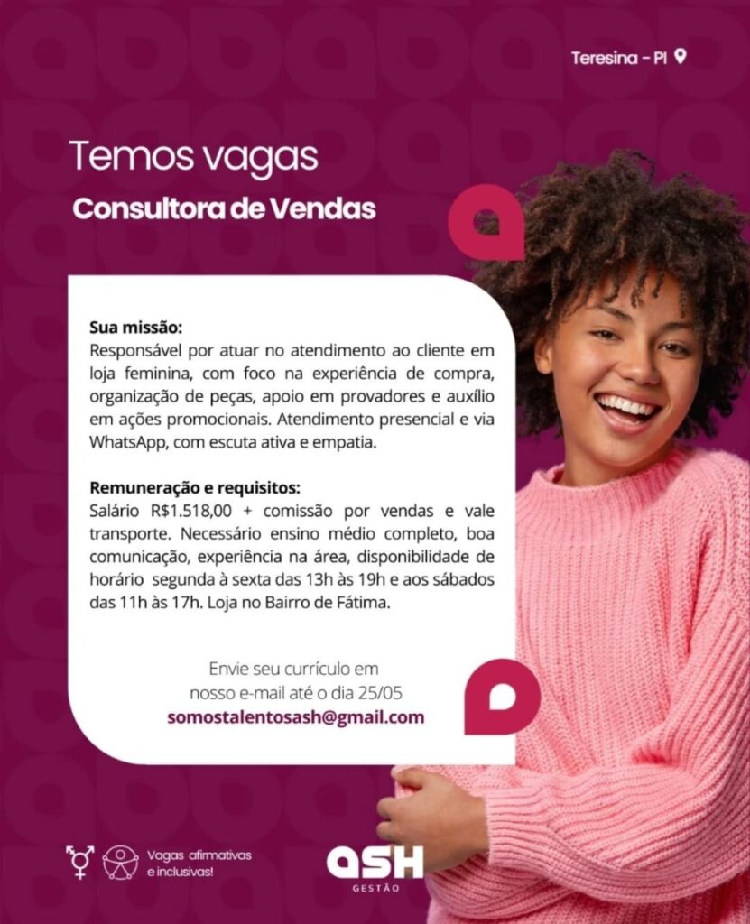 Vaga para Consultora de Vendas