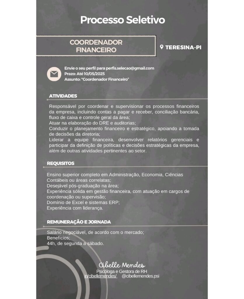 Vaga para Coordenador Financeiro