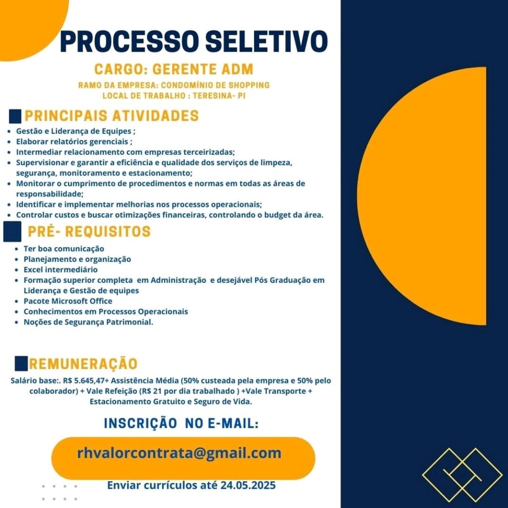 Vaga para Gerente Adm