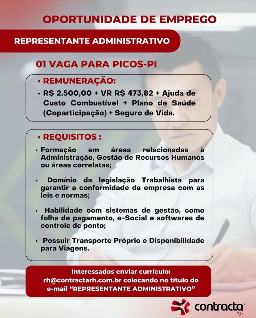 Vaga para Representante Administrativo em Picos