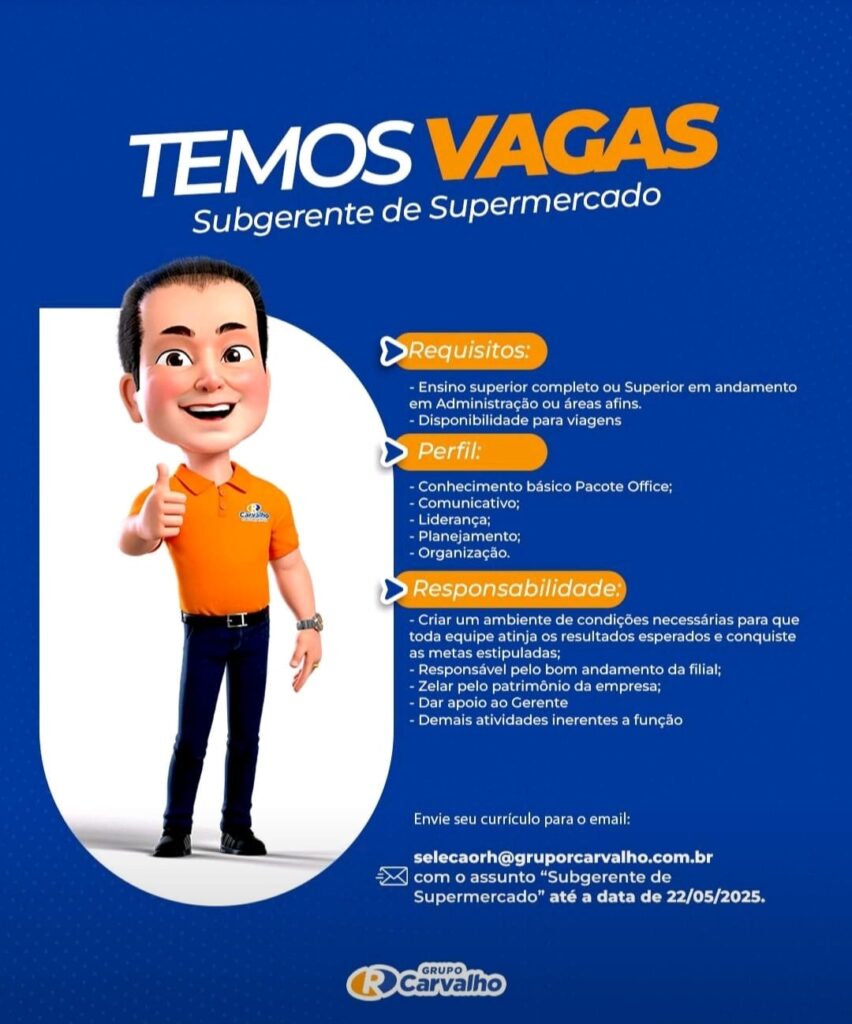 Vaga para Subgerente de Supermercado