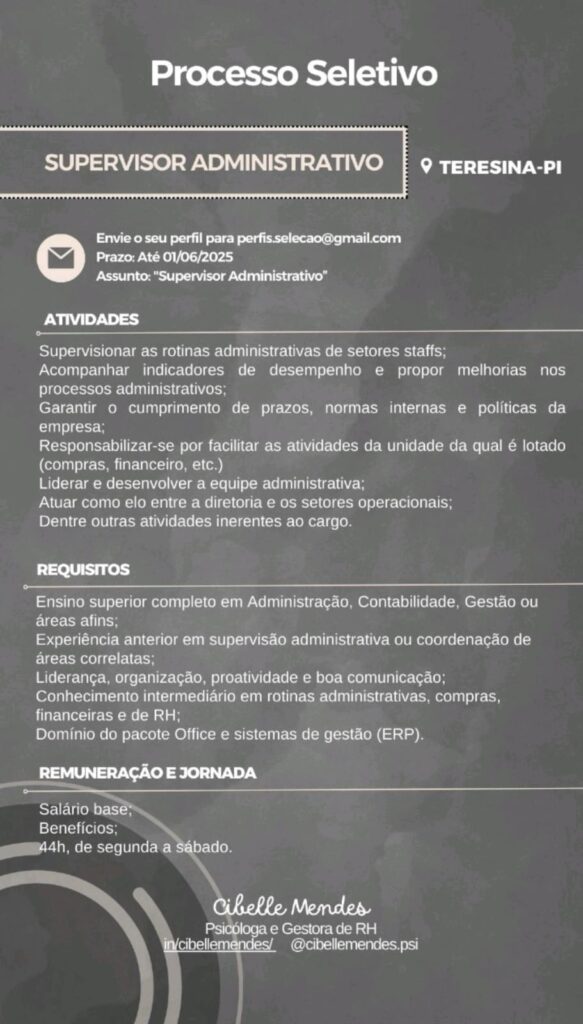 Vaga para Supervisor Administrativo