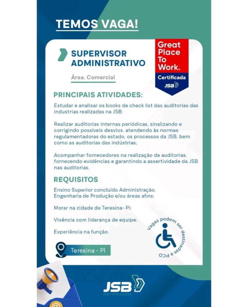 Vaga para Supervisor Administrativo