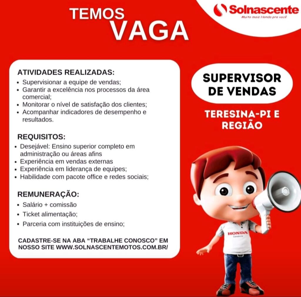 Vaga para Supervisor de Vendas