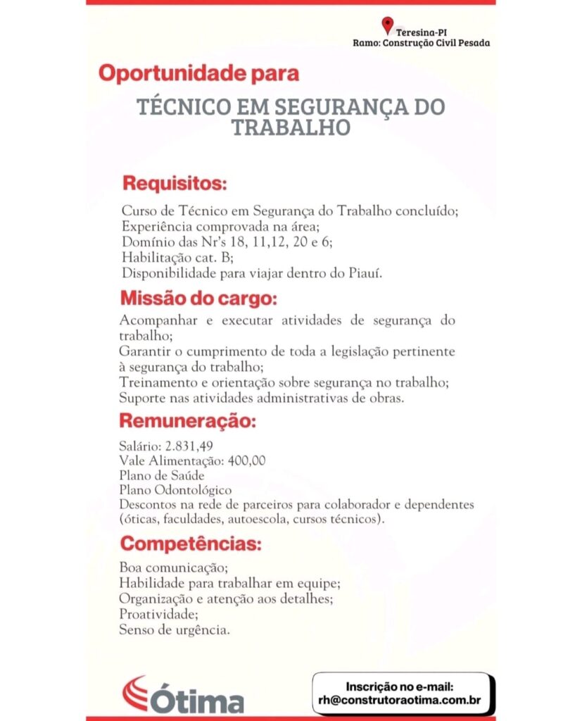 Vaga para Técnico em Segurança do Trabalho