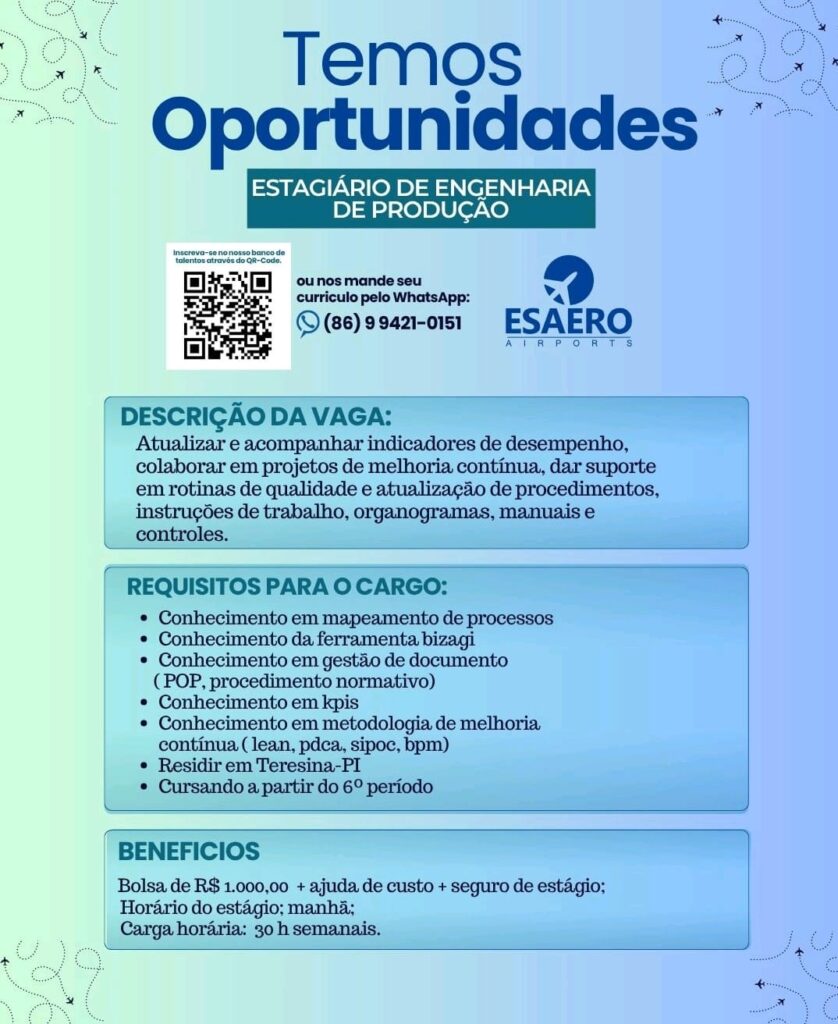 Vaga de Estágio para Engenharia de Produção