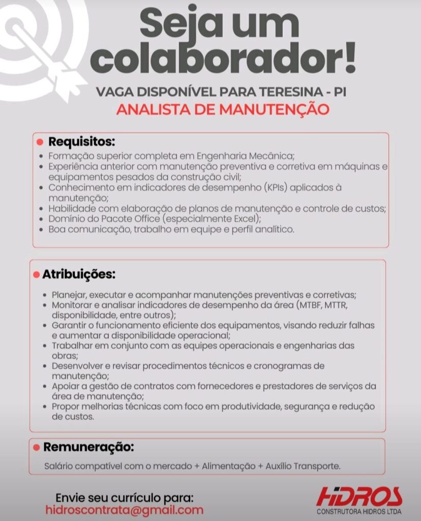 Vaga para Analista de Manutenção