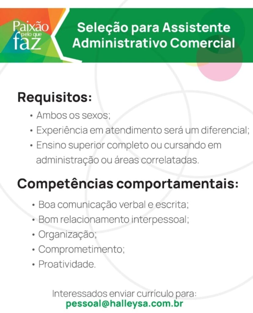 Vaga para Assistente Adm Comercial