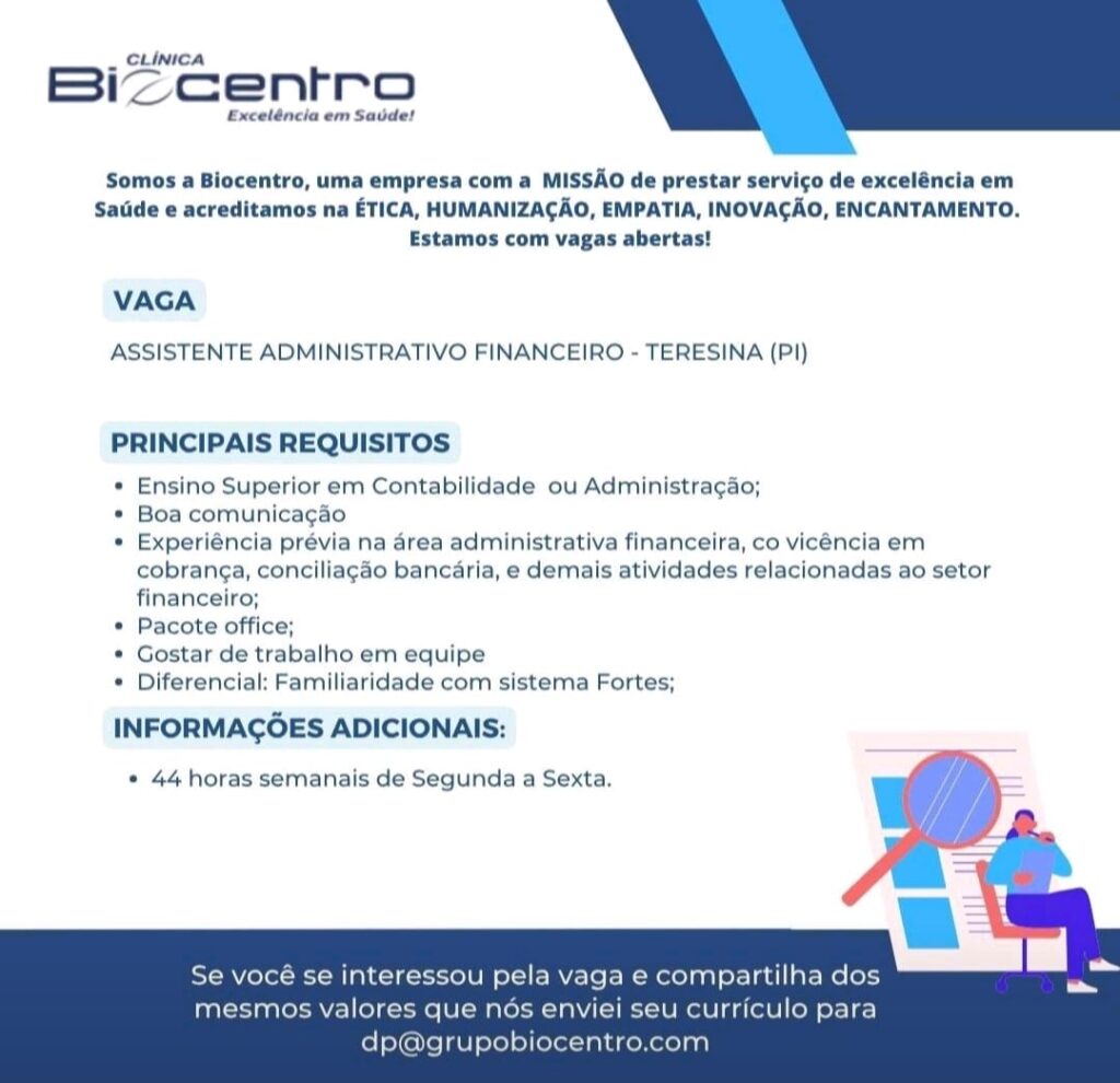 Vaga para Assistente Adm Financeiro