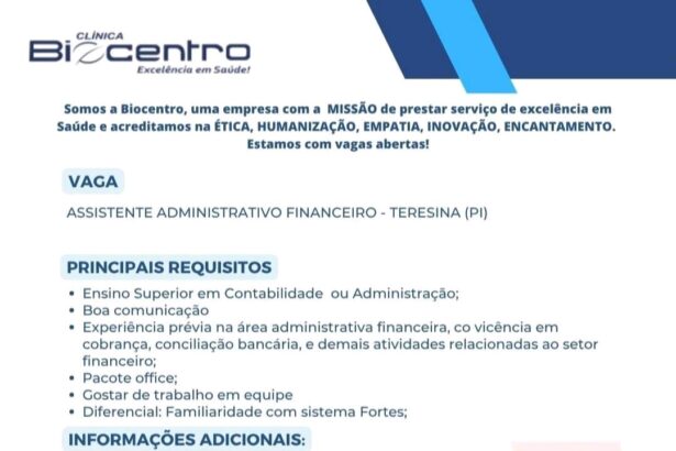 Vaga para Assistente Adm Financeiro