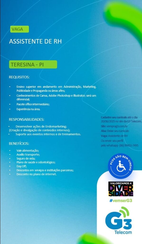 Vaga para Assistente de RH em Teresina
