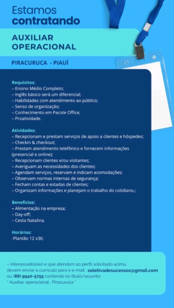 Vaga para Auxiliar Operacional em Piracuruca