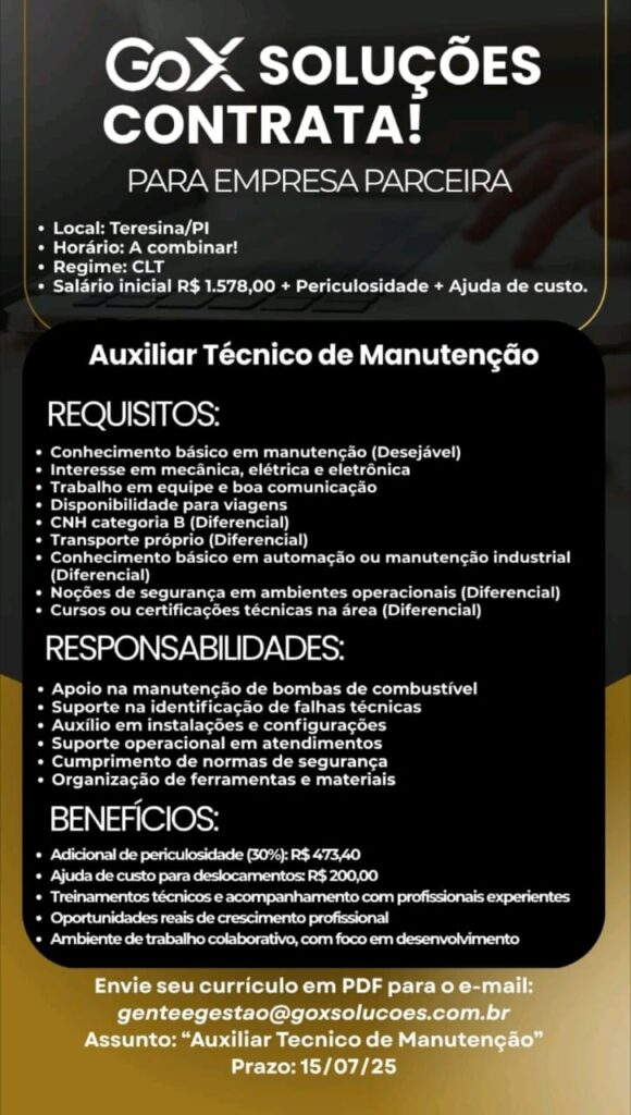 Vaga para Auxiliar Técnico de Manutenção