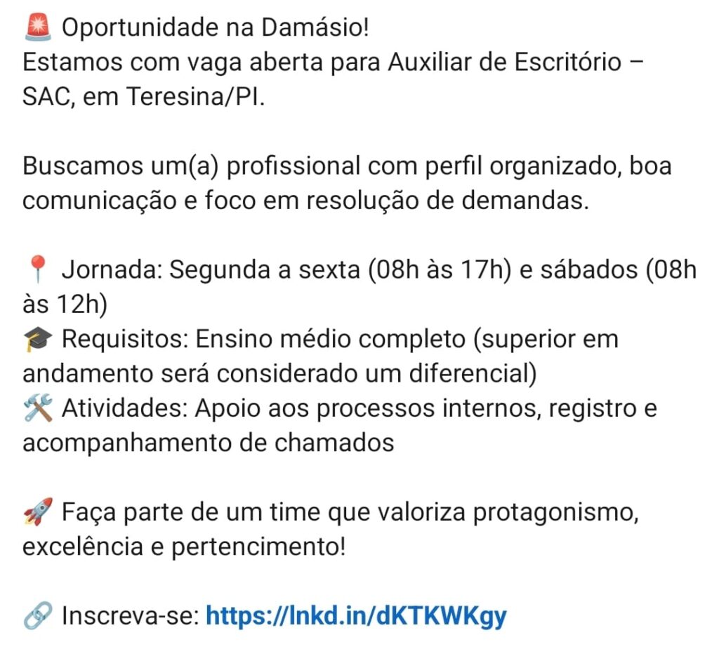 Vaga para Auxiliar de Escritório
