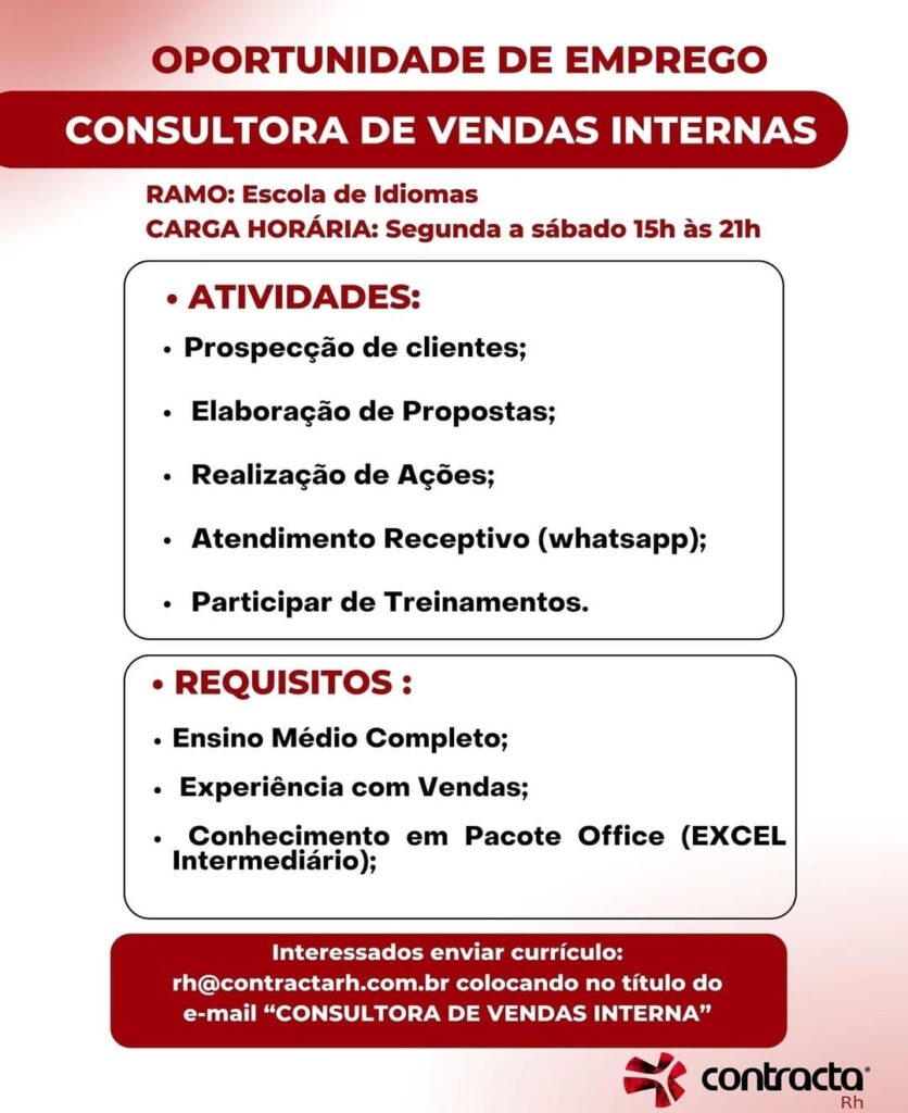 Vaga para Consultora de Vendas Internas