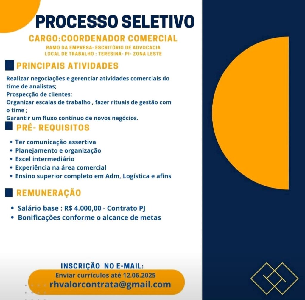 Vaga para Coordenador Comercial