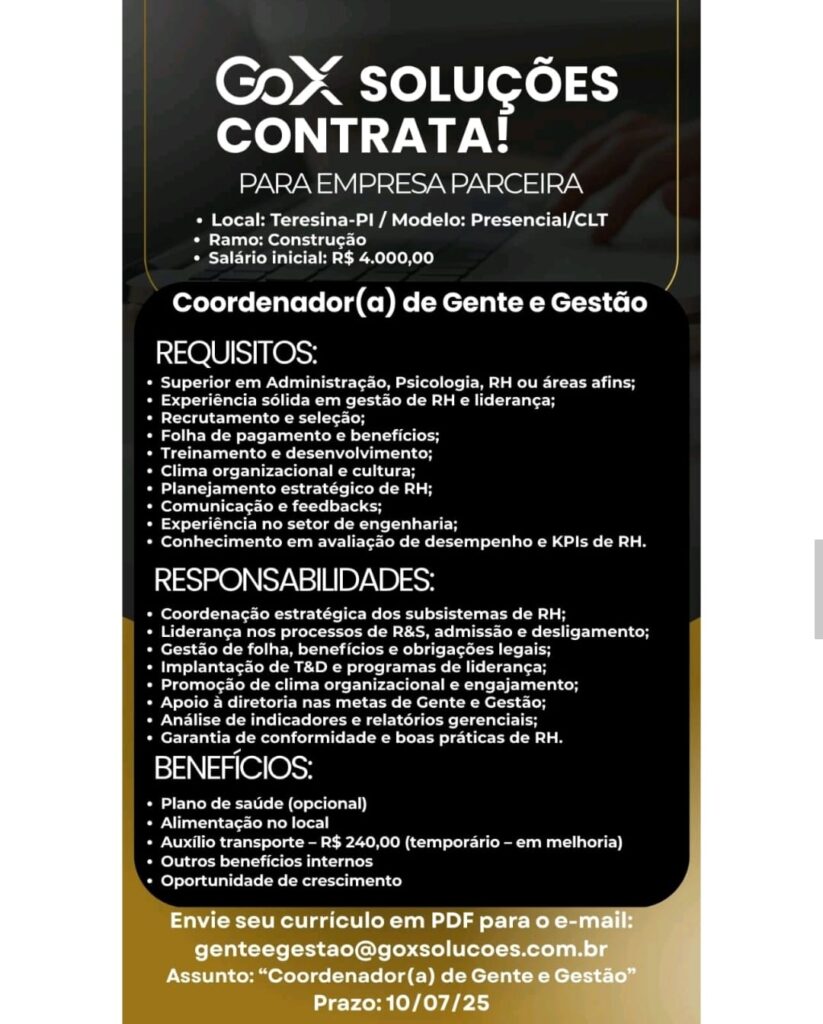 Vaga para Coordenador(a) de Gente e Gestão
