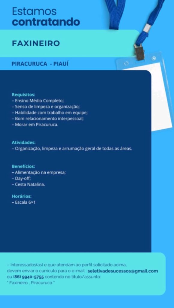 Vaga para Faxineiro em Piracuruca